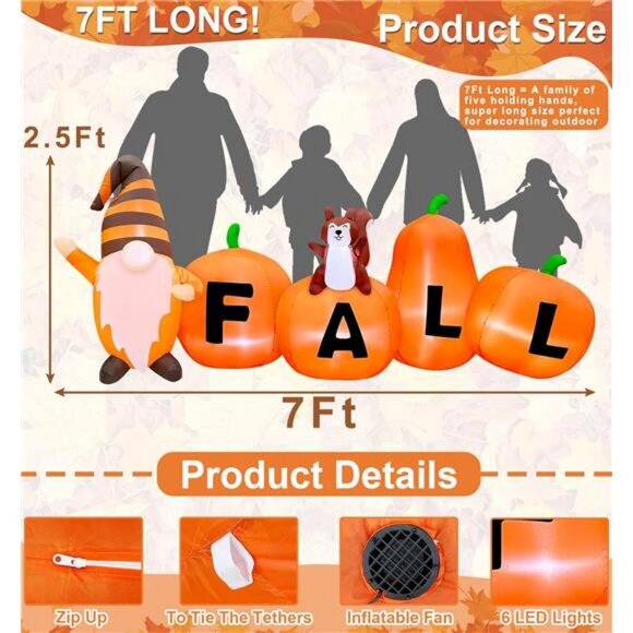 7FT Long Fall Inflatables Pumpkin Outdoor Decoration Pumpkin with Gnome Squirrel - Picture 2 of 7